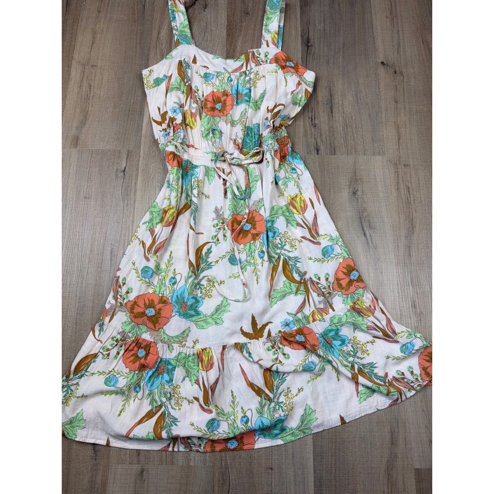 Kelly Renee Floral Rayon Midi Dress Womens Medium Orange Blue Tiered Smocked